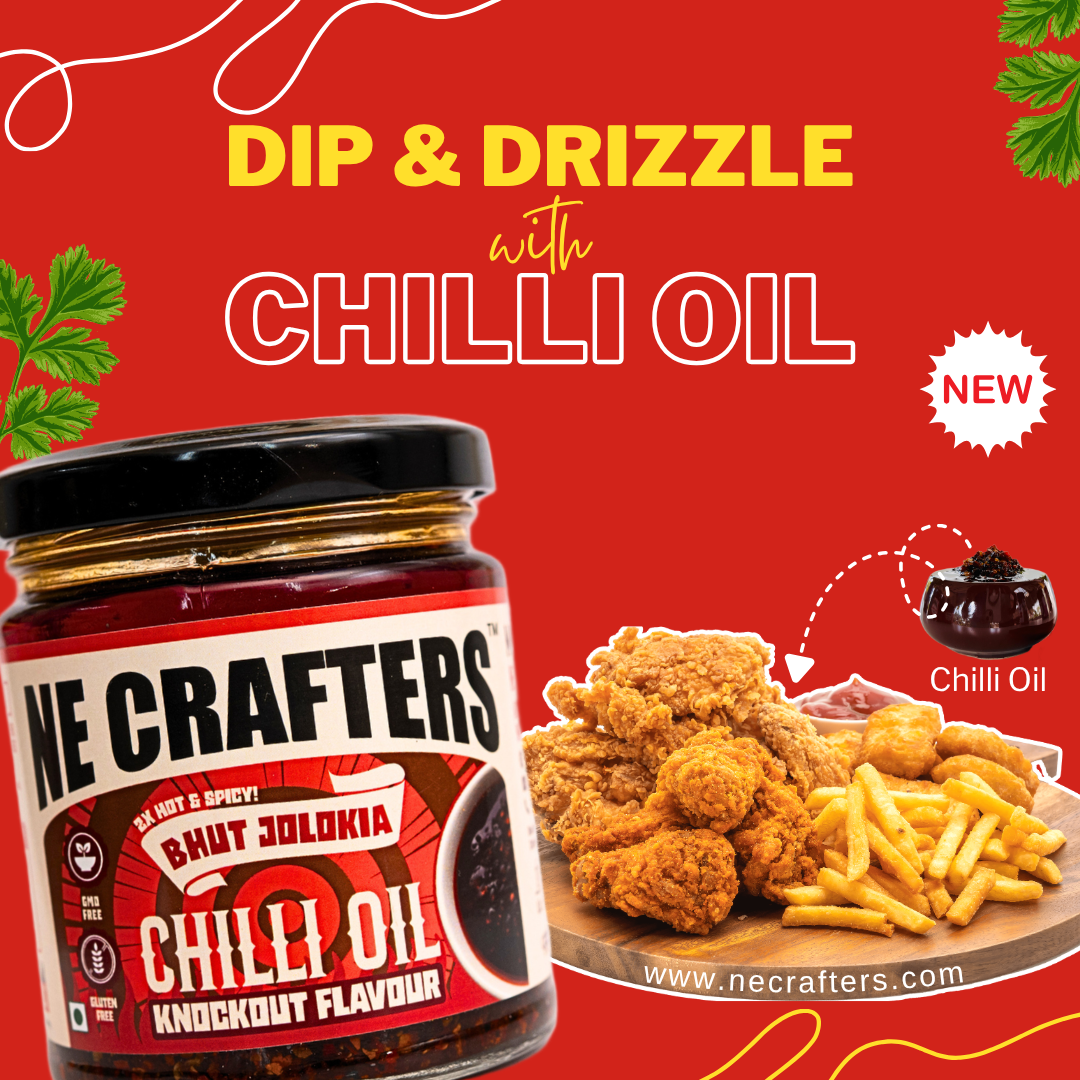 Ne Crafters Bhut Jolokia Chilli Oil with fried chicken and fries 