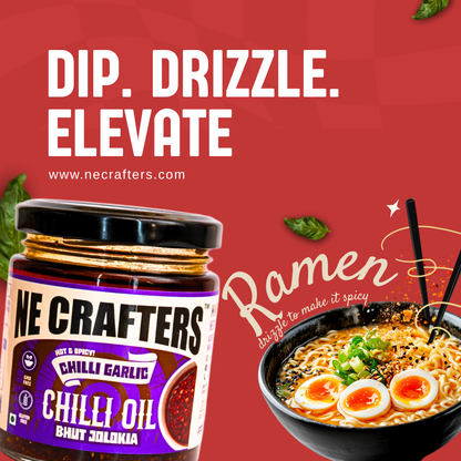 NE CRAFTERS Chilli Garlic Chilli Oil with a bowl of ramen 